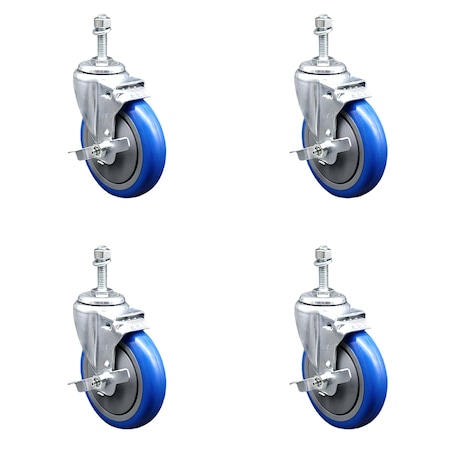 Service Caster 5 Inch SS Blue Polyurethane Swivel 3/8 Inch Threaded Stem Caster Set Brake SCC SCC-SSTS20S514-PPUB-BLU-TLB-381615-4